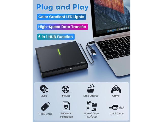 External CD DVD Drive with 4 USB Ports and 2 TF/SD Card Slots, USB 3.0 Portable CD/DVD Disk Drive Player Burner Reader Writer for Laptop Mac PC...