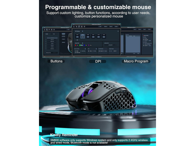 SM600 Honeycomb Shell Gaming Mouse Wireless,8000 DPI Tri-Modes BT5.1/2.4G Wireless/Type-C Wired Gamer Mouse with 2 Side Buttons, Macro Programmable...