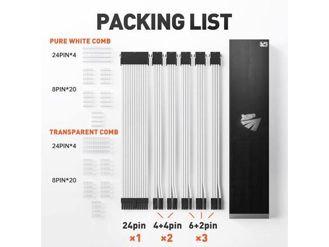 AsiaHorse 16AWG Pro Power Supply Sleeved Cable, White Power Supply Extension Cable Dual EPS Kit, 1x24-PIN/ 2x8-PORT (4+4) M/B,3x8-PORT (6+2) PCI-E,...