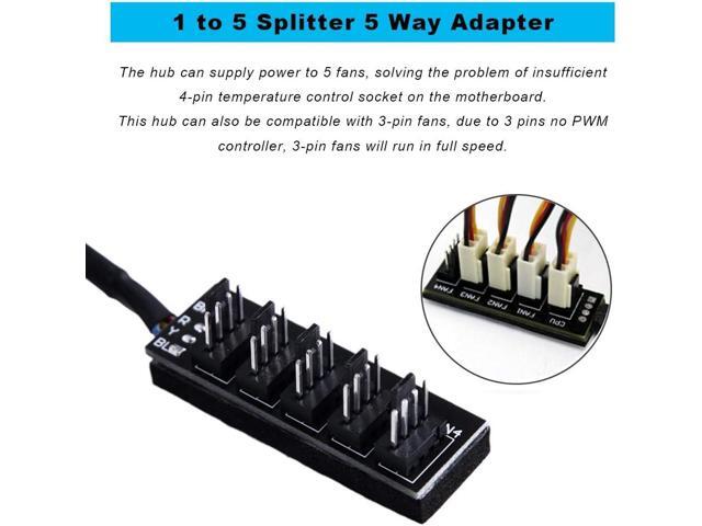ZLKSKER 4 Pin PWM Fan Hub, PC Internal Fan Power Supply Extension Cable (13-Inch, 24AWG), 4 Pin & 3 Pin CPU Cooler Cooling Fan 1 to 5 Splitter 5...