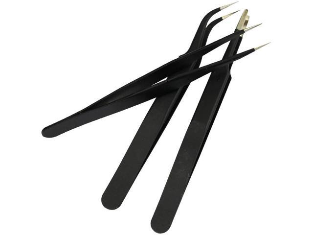 First picture~ 3 in 1 Stainless Steel Tweezers point and Curved Shape Repair tools Forceps precision Soldering Tweezers Set(Black Black )
