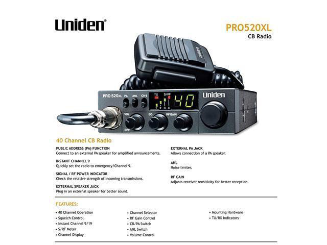 PRO520XL Pro Series 40Channel CB Radio Compact Design ANL Switch and PACB Switch 7 Watts of Audio Output and Instant Emergency Channel 9 Black