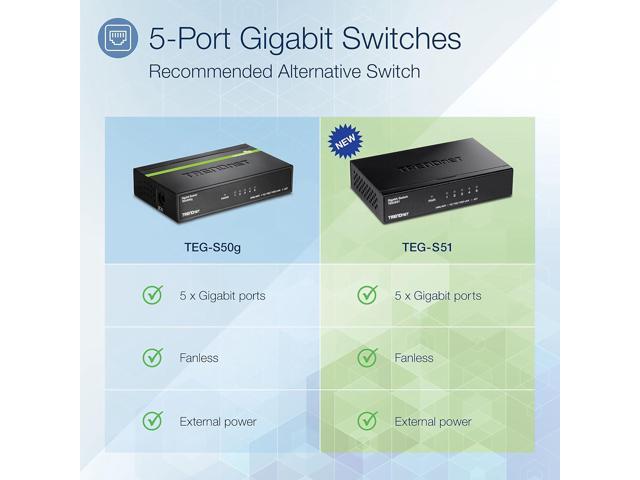 TRENDnet 5-Port Gigabit Desktop Switch, TEG-S51, 5 x Gigabit RJ-45 Ports, 10Gbps Switching Capacity, Fanless Design, Metal Enclosure, Lifetime...