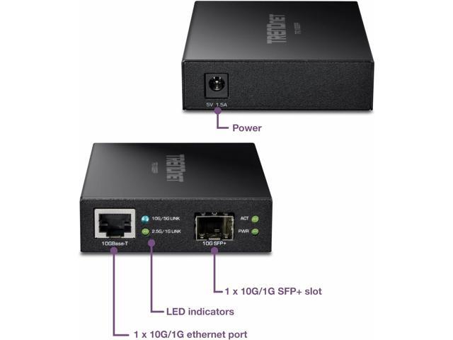 TRENDnet 10GBASE-T to SFP+ Fiber Media Converter, TFC-10GSFP, 1 x 10G RJ-45 Port, 1 x 10Gbps SFP+ Slot, SFP+ to 10G RJ-45, Power Adapter Included
