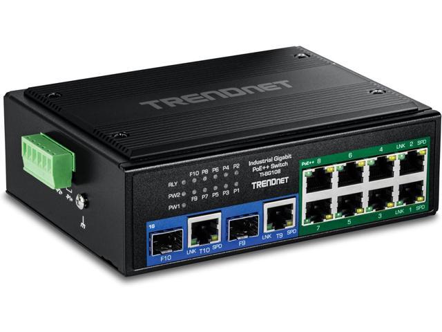TRENDnet 10-Port Industrial Gigabit 400W PoE++ DIN-Rail Switch TI-BG108 - 8x Gigabit PoE++ Ports - 2x Gigabit Shared Ports (RJ-45 / SFP) - 20Gbps -.