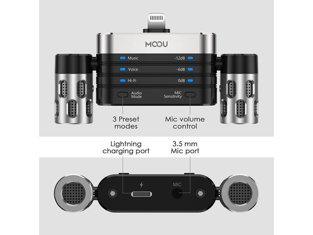 MOOU RHK26 Portable Microphone for iPhone/iPad, Dual Track Digital Stereo Condenser Microphone, 180°Rotatable & 3 Modes+Mic Sensitivity Adjust for...