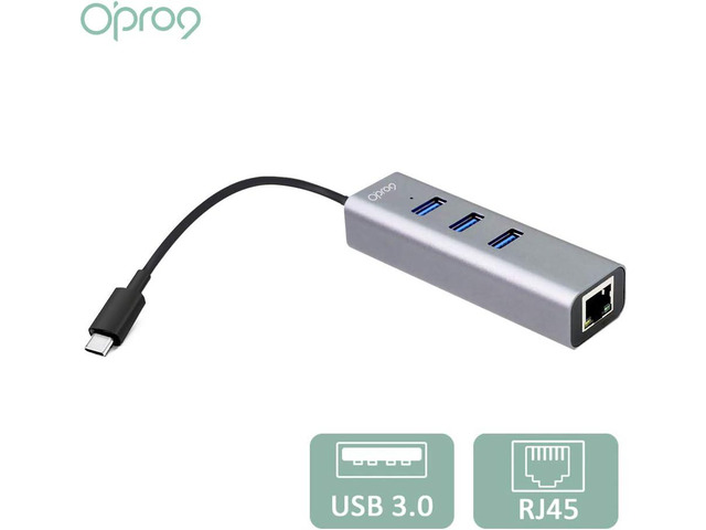 Opro9 USB Type-C to 3-Port USB 3.0, [Thunderbolt 3 Compatible], Uses USB OTG Technology, with 10/100/1000 Mpbs RJ45 Gigabit Ethernet LAN Network...