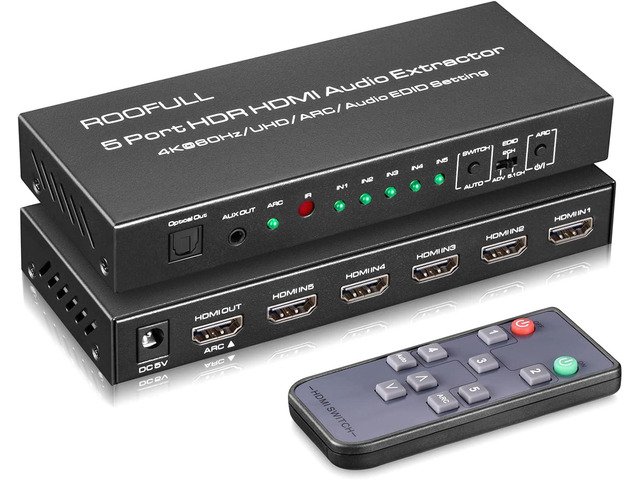 5 Port 4K@60Hz HDMI Switch with Optical & 3.5mm AUX Audio Out, 5 in 1 Out HDMI 2.0 Switch Audio Extractor with Remote, Support ARC, HDR 10, HDCP...