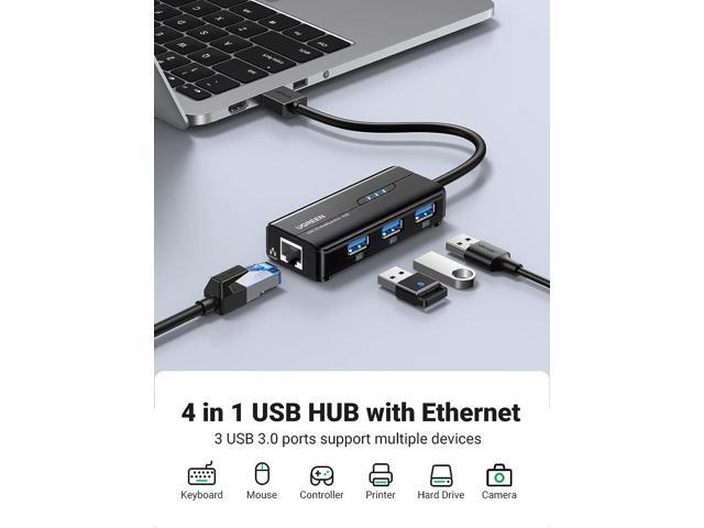 UGREEN USB 3.0 Hub Ethernet Adapter 10 100 1000 Gigabit Network Converter with 3 USB 3.0 Ports Hub Compatible with Laptop PC Nintendo Switch...