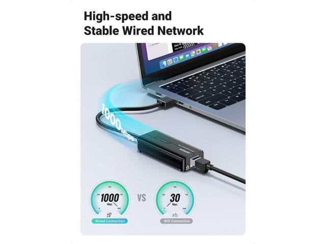 UGREEN USB 3.0 Hub Ethernet Adapter 10 100 1000 Gigabit Network Converter with 3 USB 3.0 Ports Hub Compatible with Laptop PC Nintendo Switch...