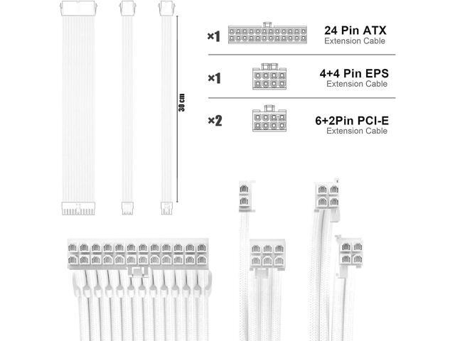PSU Cable Extension Kit 30CM Length with Cable Combs 1x24Pin/1x8Pin(4+4) EPS/2x8Pin(6P+2P) PCI-E/PC Sleeved Cable for ATX Power Supply(White)