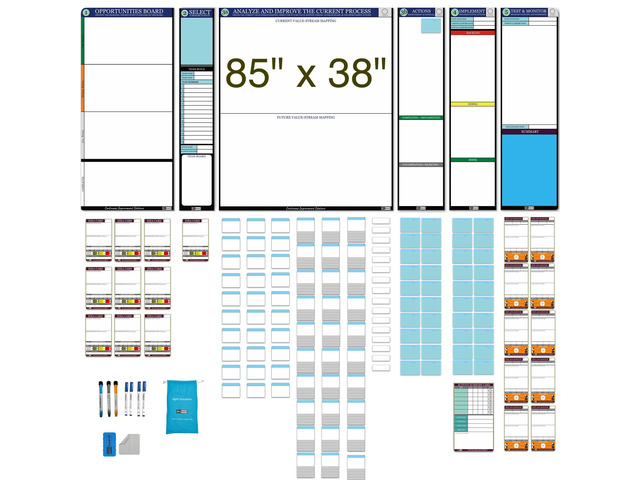 PMXBOARD Complete Kaizen Board Set, 6 Modular Magnetic Dry Erase Boards, 147 Reusable Kaizen Cards, Lean Continuous Improvement, Value Stream...