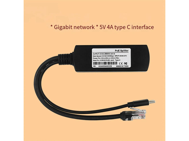 For 5 PoE Splitter 5V 4A 10/100/1000Mbps IEEE802.3af/At Type C PoE Splitter for 5B