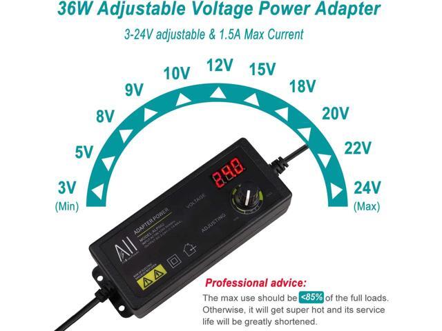 3V - 24V 1.5A 36W Universal Adjustable DC Power Supply Kit AC Adapter Speed Control Volt Display ON Off Switch with Variable 8 Plugs