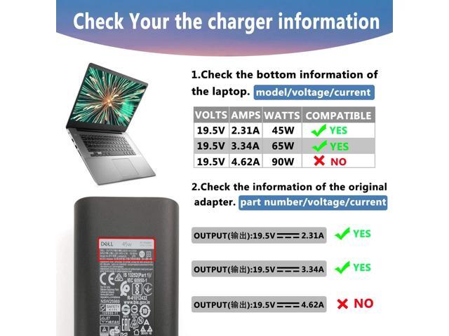 XPS 13 Charger, 45W 19.5V 2.31A Charger for Dell XPS 13 / XPS 12/12 MLK/Inspiron 15 14 (7437) Laptops,HP X360 Elitebook..KSW KINGDO Replacement...
