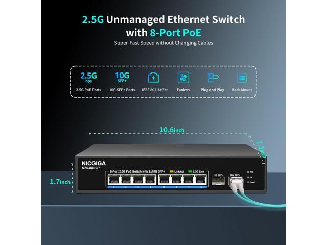 8 Port 2.5G PoE Switch Unmanaged with 8 Port 2.5Gb Base-T PoE+@130W + 2 x 10G SFP+ Uplink, NICGIGA 10 Port 2.5Gbe IEEE802.3af/at Power Over...