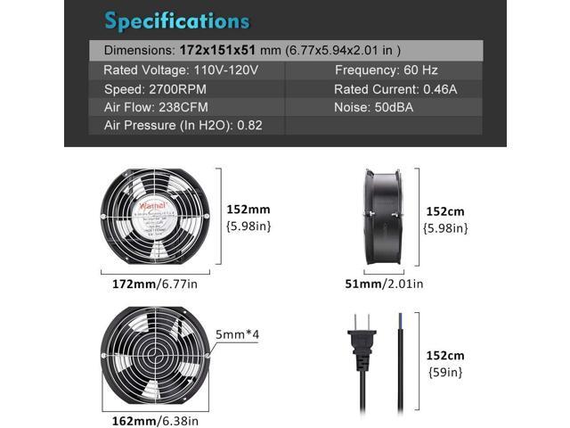 Wathai AC 110V 120V Axial Fan Big Airflow High Speed Dual Ball 172mm x 150mm x 51mm for DIY Cooling Ventilation Exhaust Projects For Server