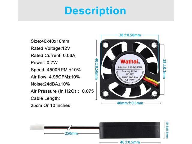 Wathai 40mm x 10mm DC Brushless Fan 12V 3Pin Cooling for 3D Printing, PC Computer Case, CPU Replacement, Graphics Card, Raspberry PI