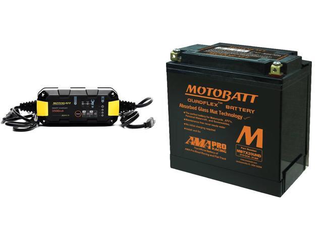 Motobatt Maintenance Charger MBRC35 with MBTX20UHD QUADFLEX AGM Factory Activated Combo pack