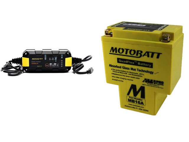 Motobatt Maintenance Charger MBRC35 with MB16A QUADFLEX AGM Factory Activated Combo Pack