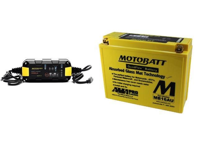 Motobatt Maintenance Charger MBRC35 with MB16AU QUADFLEX AGM Factory Activated Combo Pack