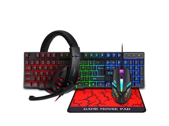 4 in 1 Wired RGB Gaming Keyboard and Backlit Mouse and Gaming Headset Combo USB Wired Backlit Keyboard,LED Gaming Keyboard Mouse Set,Headset with.