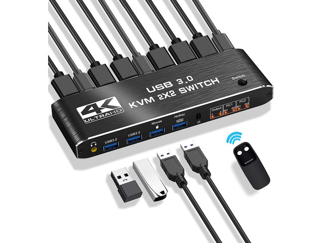 KVM Switch 2 Monitors 2 Computers,USB HDMI KVM Switch Dual Monitor Sharing 4 USB 3.0 Devices for Keyboard Mouse Scanner Printer, 4K@60Hz KVM...