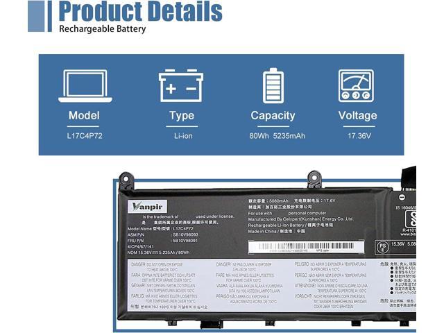 L17C4P72 Laptop Battery,15.36V 80Wh 5235mAh Compatible with Lenovo ThinkPad X1 Extreme 1st Gen/2nd Gen ThinkPad P1 1st Gen/2nd Gen Series L17M4P72...