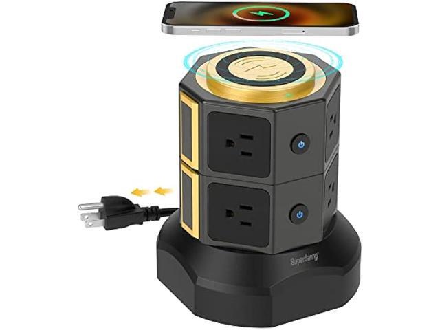 SUPERDANNY Power Strip Tower with 15W Wireless Charger, 6.5Ft Retractable Extension Cord, 1050J Surge Protector, Spin Standing Charging Station...