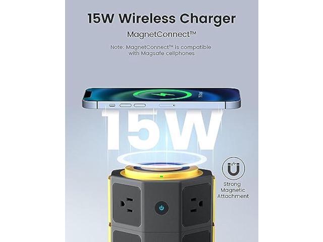 SUPERDANNY Power Strip Tower with 15W Wireless Charger, 6.5Ft Retractable Extension Cord, 1050J Surge Protector, Spin Standing Charging Station...