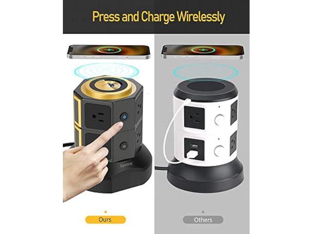 SUPERDANNY Power Strip Tower with 15W Wireless Charger, 6.5Ft Retractable Extension Cord, 1050J Surge Protector, Spin Standing Charging Station...