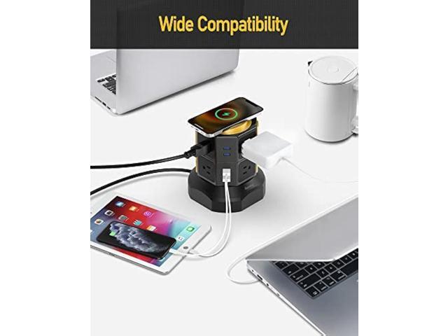 SUPERDANNY Power Strip Tower with 15W Wireless Charger, 6.5Ft Retractable Extension Cord, 1050J Surge Protector, Spin Standing Charging Station...