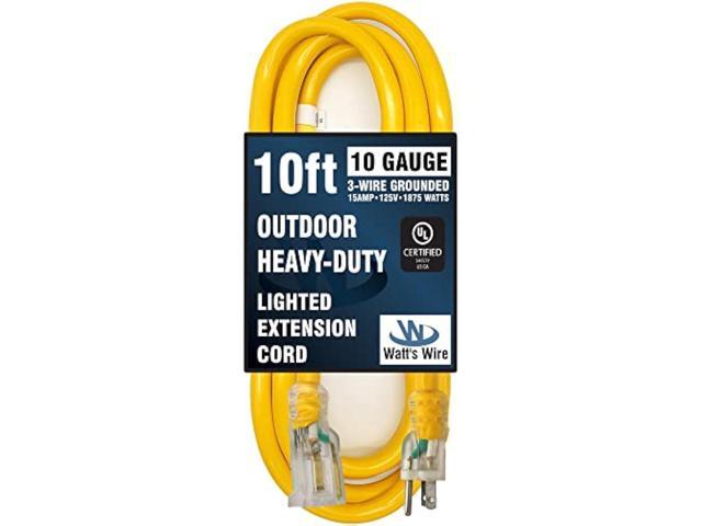 10 ft - 10 Gauge Heavy Duty Outdoor Extension Cord - Lighted SJTW - Yellow Heavy Duty Extension Cord by Watt's Wire - Short 10' 10-Gauge Grounded...