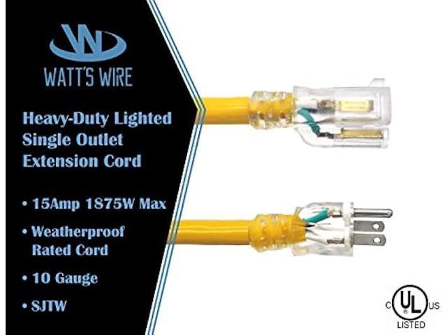 10 ft - 10 Gauge Heavy Duty Outdoor Extension Cord - Lighted SJTW - Yellow Heavy Duty Extension Cord by Watt's Wire - Short 10' 10-Gauge Grounded...