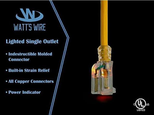 10 ft - 10 Gauge Heavy Duty Outdoor Extension Cord - Lighted SJTW - Yellow Heavy Duty Extension Cord by Watt's Wire - Short 10' 10-Gauge Grounded...
