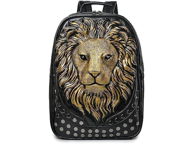kiisy 3D Lion Laptop Backpack Unique Designer PU Leather Fashion Travel Rivet Punk Backpack (Black G)
