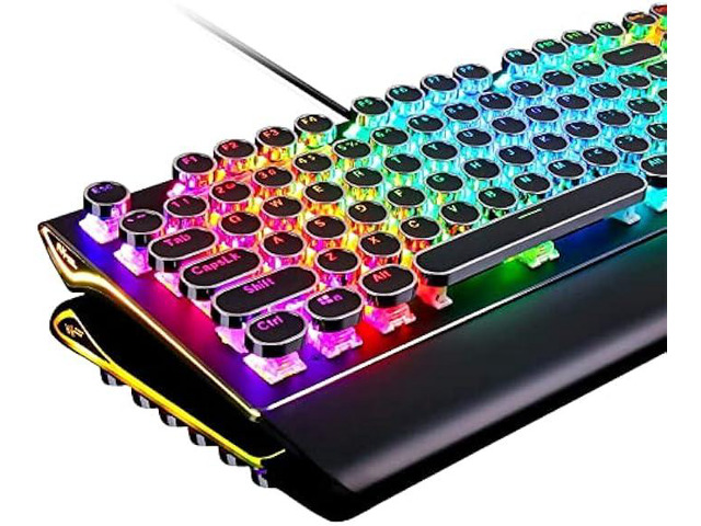 RK ROYAL KLUDGE S108 Typewriter Keyboard, Retro Mechanical Gaming Keyboard Wired 108 Keys with RGB Backlit Sidelight, Detachable Wrist Rest, Round...