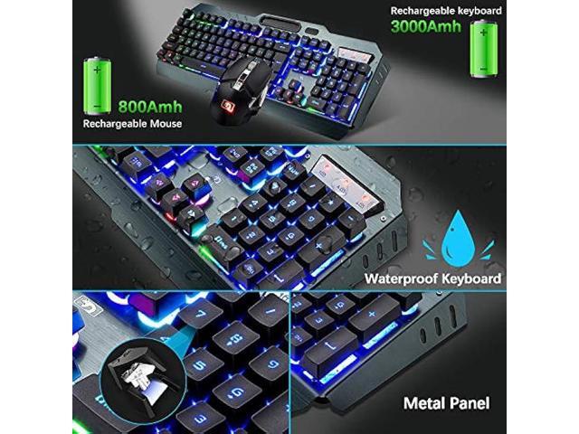 Wireless Gaming Keyboard and Mouse, Rechargeable, Rainbow Backlit with 3800mAh Battery Metal Panel,Mechanical Feel Keyboard and 7 Color Mute Mouse...