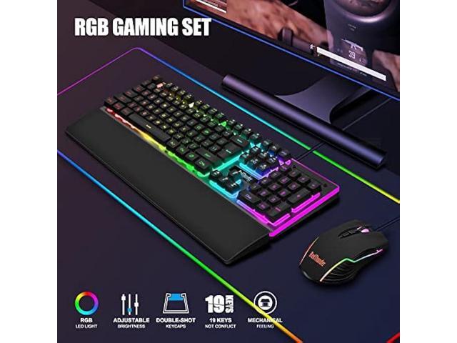RedThunder K10 Wired Gaming Keyboard and Mouse and Wrist Rest Combo, RGB Backlit, Mechanical Feel Anti-ghosting Keyboard + 7D 7200 DPI Mice+Soft...