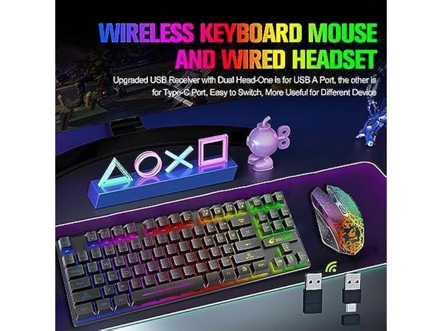 Wireless Gaming Keyboard and Mouse Combo with 87 Key Rainbow LED Backlight Rechargeable 3800mAh Battery Mechanical Feel Anti-ghosting Ergonomic...