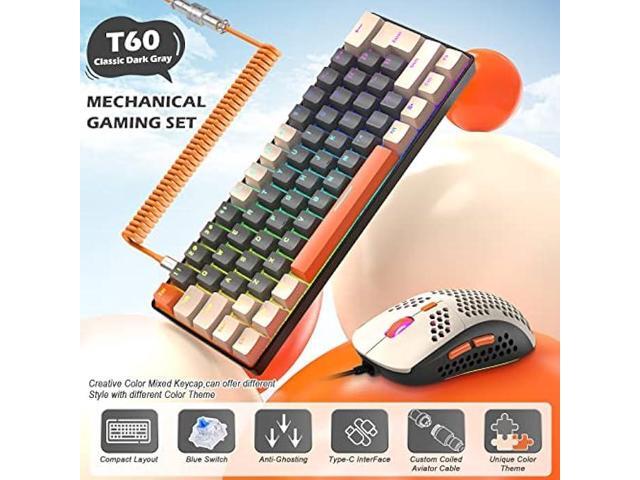 ZIYOU LANG RK-T60 Wired Mechanical Gaming Keyboard and Mouse Combo Portable with Rainbow Backlit 62Key NKRO 6400DPI RGB Honeycomb Mice Coiled...