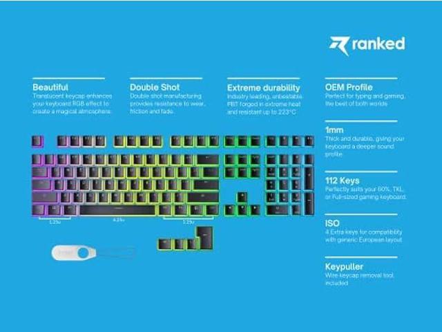 Ranked Pudding PBT Keycaps 112 Double Shot Translucent ANSI US & ISO Layout OEM Profile for RGB Mechanical Gaming Keyboard (Black)