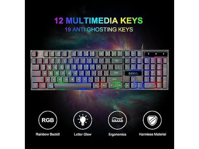 Gaming LED Keyboard Mouse Headset and Mousepad Bundle, CHONCHOW Wired Rainbow LED Light Up Gaming Keyboard Mouse Headset, Value 4 in 1 Gaming Set...