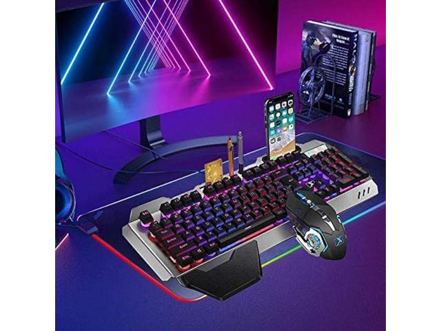 FELiCON Wired Game Keyboard and Mouse Combo, RGB LED Backlit Mechanical Feel Keyboard with Hand Rest Phone Holder,and 6 Button 3200 DPI Mice and...