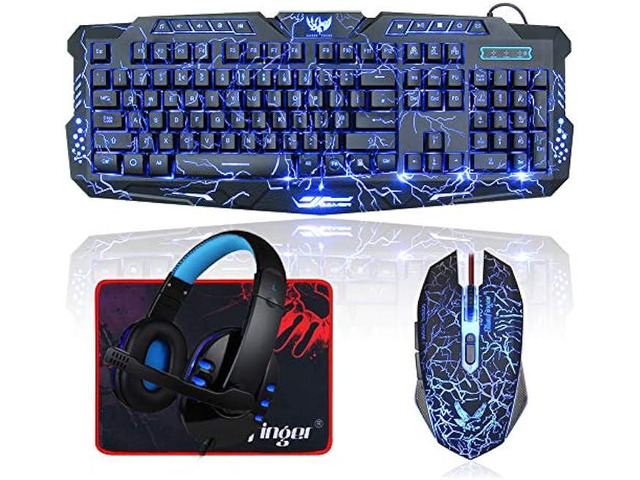 BlueFinger Backlit Gaming Keyboard and Mouse and LED Headset Combo,USB Wired 3 Color Crack Backlit Keyboard,Blue LED Light Gaming Headset,Gaming...