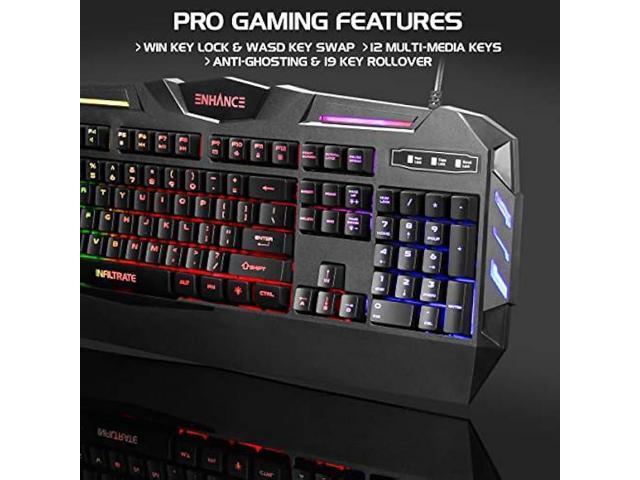 ENHANCE Infiltrate KL1 LED Gaming Keyboard - Multi Color Backlit Keyboard with 2 Lighting Modes, Spill Resistant Design, USB Braided Cable - 19 Key...