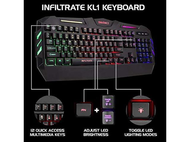 ENHANCE Infiltrate KL1 LED Gaming Keyboard - Multi Color Backlit Keyboard with 2 Lighting Modes, Spill Resistant Design, USB Braided Cable - 19 Key...