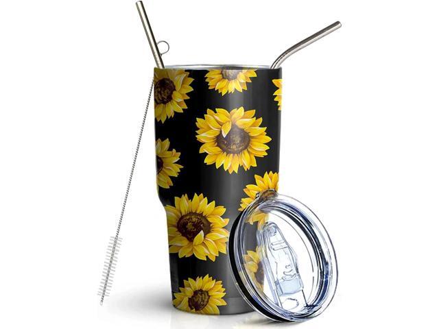 CHIUTUUY 30 oz Sunflower Tumbler Double Wall Stainless Steel Vacuum Insulated Travel Coffee Mug with Lid Metal Straws and Brush (30 OZ)
