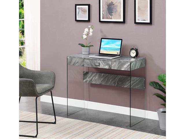 Convenience Concepts SoHo 1 Drawer Glass 36 inch Desk, Gray Faux Marble/Glass