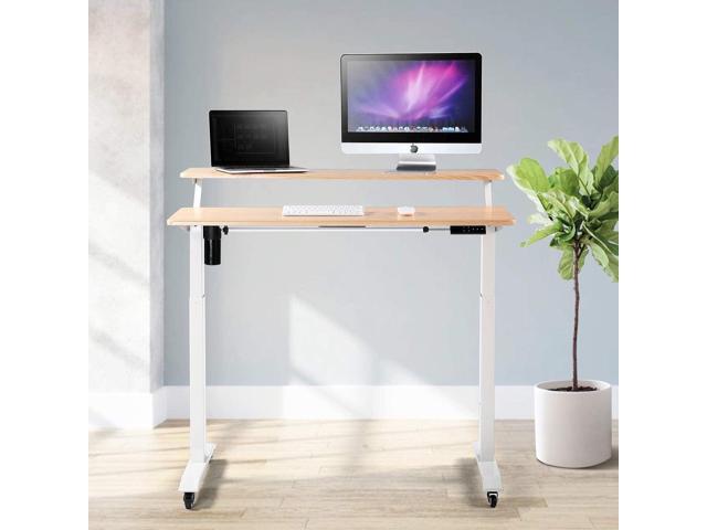 UNICOO - 2 Tier Electric Height Adjustable Standing Desk, Electric Standing Workstation Home Office Sit Stand Up Desk (Light Oak Top/White Legs -...